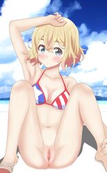 1girls achmad_faisal american_flag american_flag_bikini anus armpits ass bikini bikini_top bikini_top_only bottomless cleavage female kanojo_okarishimasu nanami_mami open_toe_shoes pussy sandals solo swimsuits toes uncensored