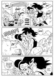 against_vehicle big_breasts breasts chichi comic dragon_ball dragon_ball_super dragon_ball_z female funsexydragonball male monochrome outdoors pants_down sex son_goku speech_bubble tractor upright_straddle