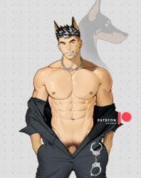 1boy abs absurdres animal_ear_piercing animal_ears bara barbell_piercing bare_pectorals black_hair blue_eyes chain_necklace chains cowboy_shot dobermann dog_boy dog_ears dog_tags dotted_background ear_piercing earrings facial_hair glint goatee_stubble grey_background grey_jumpsuit groin hands_in_pockets highres jewelry jumpsuit katto8452 large_pectorals light_blush looking_to_the_side male_focus male_pubic_hair mouth_hold muscular muscular_male navel navel_hair necklace nipples open_jumpsuit original patreon_logo patreon_username pectorals penis penis_peek personification piercing pubic_hair short_hair single_nipple_piercing solo stubble stud_earrings undercut wrist_cuffs