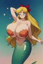 1girls ai_generated alternate_age alternate_breast_size alternate_species big_breasts bikini_top bishoujo_senshi_sailor_moon blonde_hair blue_eyes bow bra breast_expansion breasts cleavage female hand_behind_head huge_breasts humanoid large_breasts mermaid mermaid_girl mermaid_tail mermaid_transformation minako_aino mostly_nude navel ocean one_eye_closed pasties pony_diffusion_xl red_ribbon sailor_venus sea shell_bikini solo underboob underwater water