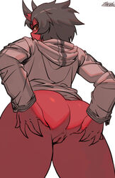 anus ass black_hair bottomless closed_mouth cowboy_shot demon_girl female from_behind from_below grey_hair grey_hoodie hood hood_down hoodie horns kidouko_(zakusi) looking_at_viewer looking_back oni orange_eyes original pussy red_oni red_skin short_hair sideways_glance signature simple_background solo spread_ass spread_pussy standing symbol_commentary uncensored white_background yellow_eyes zakusi