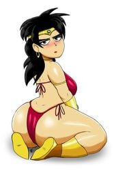 1girls ass bikini black_hair blush boots breast broly broly_(dragon_ball_z)_1993 dimples_of_venus dragon_ball dragon_ball_z earrings female female_only genderswap_(mtf) highleg_bikini hoop_earrings huge_ass lipstick long_ass looking_at_viewer mtf_transformation red_bikini red_lipstick rule_63 saiyan sanaclone small_mouth solo tiara yellow_boots