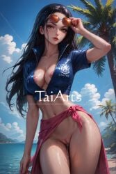 1girls ai_generated areolae_slip artist_name beach_background black_hair blush_lines blushing brown_hair female female_only long_hair looking_at_viewer navel nico_robin one_piece open_jacket palm_tree pussy solo_female sunglasses sunglasses_removed taiarts wet