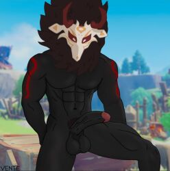 1boy abs anus balls bara erection gay genshin_impact grass grass_field horns hoyoverse male male_only mask mihoyo mitachurl muscles muscular muscular_male nipples nude pecs penis sitting sitting_down solo tattoo tattoos yaoi