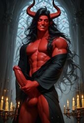 ai_generated black_hair demon devilworship horns large_penis male male_only masturbation muscular red_body red_skin smiling