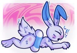 ambiguous_gender anthro ass blush fluffy fluffy_tail flustered fur hi_res lagomorph leporid lying mammal nintendo nude on_front pokemon pokemon_(species) rabbit solo spank_marks tail warabbit white_body white_fur yunowhotodo