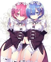 blue_eyes blue_hair panchira panties pantsu pink_eyes pink_hair ram_(re:zero) re:zero_kara_hajimeru_isekai_seikatsu rem_(re:zero)