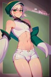 1boy abstract_background ai_generated bare_shoulders beanie bulge crop_top cute darabri detached_sleeves femboy feminine_male gay girly green_eyes logo medium_hiar midriff otoko_no_ko pale_skin patreon patreon_logo shorts slim tall thighs toned trap twink white_hair yaoi