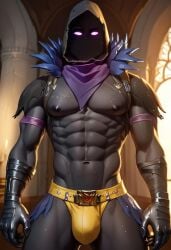 abs ai_generated biceps blush facing_viewer fortnite gay jockstrap jockstrap_only looking_at_viewer male male_only muscular muscular_male nipples no_mouth pecs purple_eyes raven_(fortnite) toned_body toned_male twall97