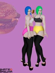 2girls 3d ass big_ass black_socks blue_hair booty_shorts burger crop_top food green_hair high_heels honey_select ihateasuka long_socks makeup platform_footwear platform_heels simple_background socks studio_neo thick_thighs thigh_socks thighhighs toeless_legwear toeless_socks tongue tongue_out