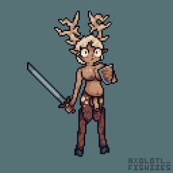 2024 antlers axolotl_fishies deer dysphoria_(rpg) elk futa_only futanari hooves large_breasts pixel_art shield tagme weapon