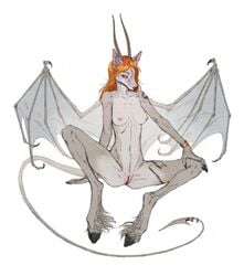 anthro bracelet breasts canid canine chiropteran cloven_hooves feathering female fetlocks frank-79 fur genitals grey_body grey_fur hair hi_res hooves horn hybrid jewelry mammal membrane_(anatomy) membranous_wings nails nipples nude orange_hair pussy sitting solo wings