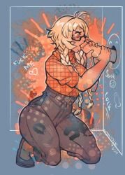 abigail_lindstrom abysmal0 blonde_hair fully_clothed gardnerverse glasses glory_hole large_breasts large_penis light-skinned_female light-skinned_male oral thick_thighs twin_braids