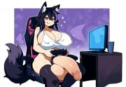 1futa ai_generated bottomless breasts breasts_bigger_than_head futa_only futanari futanoirensfw gaming_chair huge_balls huge_breasts huge_cock hyper hyper_penis light-skinned_futanari light_skin long_hair purple_eyes purple_hair sitting solo tail thick_penis wolf_ears