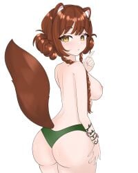 1girls animal_ears areola blush breasts brown_hair cherrikko_(artist) eyebrows_visible_through_hair female female_only green_panties huge_breasts indie_virtual_youtuber light-skinned_female light_skin looking_at_viewer looking_back nipple otter_ears otter_girl otter_tail panties solo virtual_youtuber yellow_eyes yukaa_(vtuber)