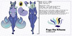 2:1 6_tails anthro anus asian_mythology blue_body canid canine dododragon56 dotted_background east_asian_mythology english_text female fox fuyu_the_kitsune_(dododragon56) genitals hands_on_hips hi_res japanese_mythology jewelry lips mammal model_sheet multi_tail mythology nude pattern_background pussy simple_background solo spreading text tongue tongue_out