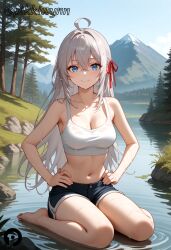 ahoge ai_generated alisa_mikhailovna_kujou armpits bangs bare_arms bare_legs bare_shoulders barefoot black_shorts blue_eyes blue_shorts breasts cleavage closed_mouth collarbone crop_top day dolphin_shorts female hair_ribbon hands_on_hips long_hair looking_at_viewer medium_breasts midriff navel outdoors pikkiwynn red_ribbon reflection ribbon rock shirt short_shorts shorts sitting sleeveless sleeveless_shirt smile solo stomach thighs tokidoki_bosotto_russian_de_dereru_tonari_no_alya-san tree very_long_hair wariza water wet wet_clothes white_hair white_shirt