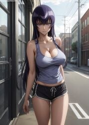 1girls 2d ai_generated athletic_female bare_shoulders big_breasts chest cleavage curvy curvy_figuredetailed eyelashes eyeshadow female female_focus fit fit_female high_quality highschool_of_the_dead huge_breasts large_breasts lips long_hair makeup mascara naked nero100 purple_hair saeko_busujima sagging_breasts seductive seductive_look shorts stable_diffusion tagme tank_top