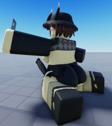 1girls 3d ass back_view baseplate big_ass big_breasts bloxmodeller blush breasts breasts_out brown_hair clothed commission erection holding_phone kneeling knife minstlu n0ttter original_character phone roblox roblox_avatar robloxian short_hair tagme yellow_skin