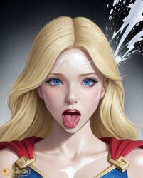 ai_generated blonde blonde_female blonde_hair blue_eyes cape cumshot dc dc_comics facial kryptonian portrait supergirl