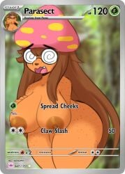 1girls 2024 anthro anthro_only anthrofied areola big_breasts breasts brown_areola brown_hair brown_nipples brown_nose eyewear female freckles fungus generation_1_pokemon glasses hair hand_on_breast hi_res humanized i_am_kat95 iamkat95 long_hair mushroom nerdy_female nintendo nipples nude nude_female open_mouth orange_body parasect pokemon pokemon_(species) pokemon_card solo swirly_glasses teeth thick_thighs