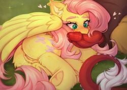 discord_(mlp) dragon female fluttershy_(mlp) grass horse hybrid interspecies larisuyukita looking_at_penis male male/female my_little_pony nervous penis pony shy straight