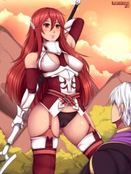 1boy 1girls bare_thighs black_panties blush cordelia_(fire_emblem) fire_emblem fire_emblem_awakening lance long_hair looking_down lumarianne20 nintendo outdoors outside panties partially_visible_vulva red_eyes red_hair revealing_clothes robin_(fire_emblem) robin_(fire_emblem)_(male) sideboob skimpy skimpy_armor skimpy_clothes small_breasts smile solo_focus sparring spear sunset thick_thighs thighs very_long_hair weapon