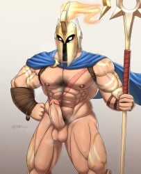 abs atreus_(league_of_legends) balls bara biceps big_balls big_penis brizzytt cape erection gay hairy hairy_chest helmet league_of_legends male male_focus male_nipples male_only male_pubic_hair manly masked_only muscular muscular_male nipples nude pantheon pecs penis precum precum_drip pubic_hair riot_games tattoos ttbrizzy