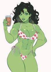 1girls abs big_breasts bikini black_hair female female_only green-skinned_female green_eyes green_skin hulk_(series) kamii_momoru marvel marvel_comics muscles muscular muscular_female she-hulk solo tea thick_thighs