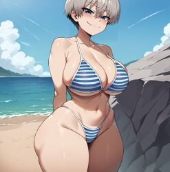 ai_generated bare_thighs beach bikini blue_eyes gigantic_breasts grey_hair huge_breasts huge_thighs light-skinned_female light_skin looking_at_viewer massive_breasts short_hair shortstack smiling smogai solo_female squatting sweat sweatdrop thick_body thick_female thick_thighs thighs uzaki-chan_wa_asobitai! uzaki_hana voluptuous voluptuous_female