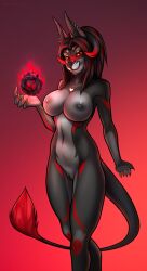 anthro big_breasts breasts canid canine fantum_fox female fire fireball fur genitals hair magic mammal nipples nude piercing pussy simple_background smile solo