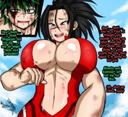 1boy 1girls after_fight big_breasts black_eyes black_hair blush breasts crying crying_with_eyes_open dialogue english_text female female_focus green_eyes green_hair hero_outfit_(mha) izuku_midoriya male messy_hair momo_yaoyorozu my_hero_academia raidon_dimentional_land scars shiny_skin