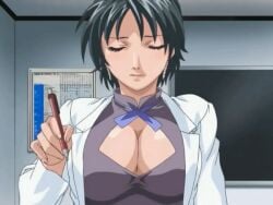 00s 2006 animated animated bible_black bible_black_only bouncing_breasts breasts cleavage cleavage_cutout clothing_cutout covered_erect_nipples earrings huge_breasts lab_coat large_breasts lipstick lowres minase_yukiko necktie pen short_hair tagme