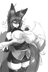 1girls 5_fingers accessory animal_ears animal_humanoid areola armwear asian_clothing big_breasts big_nipples biped black_armwear black_clothing black_hair black_legwear blush bodily_fluids bottomwear breast_grab breasts breath canid canid_humanoid canine canine_humanoid clothing dipstick_tail disembodied_hand duo ear_piercing ear_tuft east_asian_clothing elbow_gloves exposed_breasts female fingers fluffy fluffy_tail fox_ears fox_girl fox_humanoid front_view glistening glistening_breasts gloves greyscale hair hair_accessory hairclip hairpin hand_on_breast handwear heart hi_res huge_breasts humanoid humanoid_hands inner_ear_fluff japanese_clothing kemonomimi kiri_(sub-res) lactating legwear light_skin long_hair mammal mammal_humanoid milk monochrome monotone_hair motion_lines multi_tail multicolored_tail nipple_fetish nipple_pinch nipple_play nipples obi obijime open_mouth open_smile orgasm piercing pinch projectile_lactation simple_background skindentation skirt smile solo_focus standing sub-res thick_thighs thigh_highs thighhighs tuft white_background