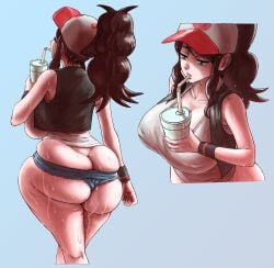 1girls ass ass_shot back back_view backboob baseball_cap big_ass big_breasts blue_eyes blue_shorts booty_shorts bottomwear brown_hair bubble_ass bubble_butt clothing dat_ass drink drinking female female_only game_freak hair hat headwear hilda_(pokemon) hips holding_drink huge_ass huge_breasts large_ass large_breasts matsumaruyama pokemon pokemon_bw ponytail ripped_shorts short_shorts shorts side_boob side_ponytail side_view sideboob solo solo_female sweat sweatdrop sweaty sweaty_body sweaty_butt tank_top thighs tight_clothing tight_shorts topwear white_tank_top wide_hips