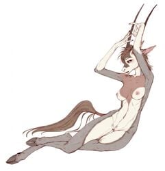 antelope anthro bovid breasts brown_hair cloven_hooves female frank-79 gazelle genitals hair half-closed_eyes hi_res hooves horn long_horn looking_at_viewer mammal narrowed_eyes nipples nude pose pussy simple_background solo white_background