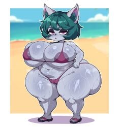 ai_assisted areola beach bikini bunny bunny_girl female green_hair grey_skin half_closed_eyes huge_breasts humanoid_pointy_ears inner_ear_fluff lagomorph league_of_legends monkechrome purple_eyes rabbit rabbit_ears sandals short_hair shortstack solo standing sweaty sweaty_body textless_version thick_thighs vex_(league_of_legends) yordle