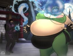 1boy 1girls belly belly_expansion belly_inflatiobn big_belly big_breasts breasts cleverfoxman expansion female huge_belly huge_breasts inflation male mortal_kombat nipples rain_(mortal_kombat) sonya_blade water_inflation