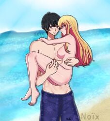 beach black_hair blonde_hair brother_and_sister half_naked himekawa_taiki hoshino_ruby no&iuml;x oshi_no_ko