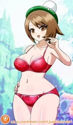 1girls bra breasts brown_eyes brown_hair gloria_(pokemon) hand_in_hair hand_on_hip hat large_breasts lingerie looking_at_viewer midriff navel nintendo outside panties pokemon pokemon_ss red_bra red_panties short_hair yensh