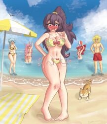 1boy 4girls abs aqua_hair ass barefoot beach beach_ball beach_towel bikini blonde_hair breasts brown_hair butt_crack classic_enf_pose cleavage dog embarrassed harmony_(limbros) knees_together_feet_apart lance_(limbros) limb_(limbros) long_hair loodlenoodleart melody_(limbros) melody_valentine navel ocean pigeon-toed pink_hair polka_dot_bikini ponytail red_bikini red_hair red_sling_bikini red_slingshot_swimsuit red_swimming_trunks short_hair sling_bikini slingshot_swimsuit summer_(undercoverskeleton) swimming_trunks swimsuit tagme thong_snapped toned_male wading wardrobe_malfunction yellow_bikini