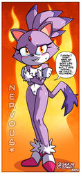 anthro blaze_the_cat blush border breasts clothing covering covering_breasts dipstick_tail embarrassed felid female footwear forehead_gem fur genitals gloves hair handwear hi_res humanoid looking_at_viewer mammal mostly_nude multicolored_tail navel pubic_tattoo purple_body purple_fur purple_hair pussy shoes shy skajrzombie smile solo sonic_(series) sonic_the_hedgehog_(series) white_border yellow_eyes