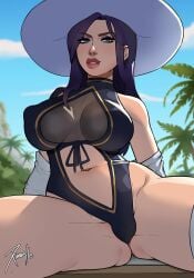 1girls ass athletic_female big_breasts big_nipples big_thighs breasts caitlyn_kiramman clothed female female_only hat league_of_legends league_of_legends:_wild_rift legs legs_spread lips lipstick massive_breasts massive_thighs nipples pool_party_caitlyn pool_party_series pussy pussy_visible_through_clothes solo thick_thighs thigh_highs thighhighs thighs xinaelle