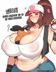 1animal 1girls between_breasts breasts cap foxicube hilda_(pokemon) huge_breasts nintendo nipple_bulge nipples_visible_through_clothing plump pokemon pokemon_bw shorts tepig