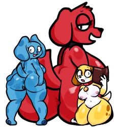 2023 anthro anus ass big_butt black_collar black_nose blue's_clues blue_(blue's_clues) blue_body blue_eyes blue_markings blue_nose book breasts brown_ears canid canine canis clifford_the_big_red_dog collar digital_drawing_(artwork) digital_media_(artwork) domestic_dog eyebrows eyelashes female floppy_ears genitals group hand_on_butt hand_on_own_butt hi_res holding_book holding_object kneeling lewdewott looking_at_viewer looking_back looking_back_at_viewer mammal markings martha_lorraine martha_speaks narrowed_eyes navel nickelodeon nipples open_mouth pussy raised_eyebrows raised_tail rear_view red_body red_collar simple_background sitting size_difference spread_legs spreading standing tail thick_thighs tiptoes trio white_background yellow_body