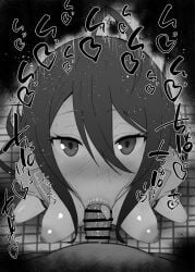 1boy 1girls :&gt;= big_breasts big_penis black_and_white blowjob blush censored dark_skin detailed_background drooling erect_nipples eyelashes fellatio first_porn_of_character heart human indoor inside kimishima_ayano kurotama long_hair looking_at_viewer male male_pov oral oral_sex penis room saliva shiny shiny_skin sketch sound_effects squatting sweat text tokidoki_bosotto_russian_de_dereru_tonari_no_alya-san tongue_out vein veins veiny veiny_penis