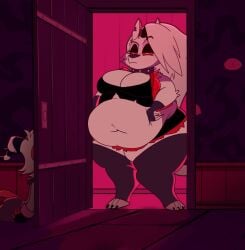 bbw big_breasts breasts cleavage female furry hellhound helluva_boss huge_breasts loona_(helluva_boss) mad_n_evil morbidly_obese obese overweight screenshot_edit tagme thick_thighs wide_hips