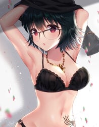 1girls artist_request big_breasts black_hair bra breasts curvy female female_only glasses human hunter_x_hunter large_breasts pale-skinned_female pale_skin phantom_troupe shizuku_murasaki short_hair shounen_jump spider_tattoo tattoo villainess wide_hips