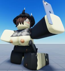 1girls 3d baseplate bloxmodeller blush breasts breasts_out brown_hair clothed commission knife minstlu minstlu_oc n0ttter nipples original_character phone roblox roblox_avatar robloxian short_hair tagme yellow_skin