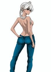 ahoge back blue_pants breasts breasts_out closed_mouth female long_hair looking_at_viewer looking_back no_shirt ogino_ken pants reanette_elfelt red_eyes serious shinmai_ossan_bokensha simple_background solo very_long_hair white_background white_hair